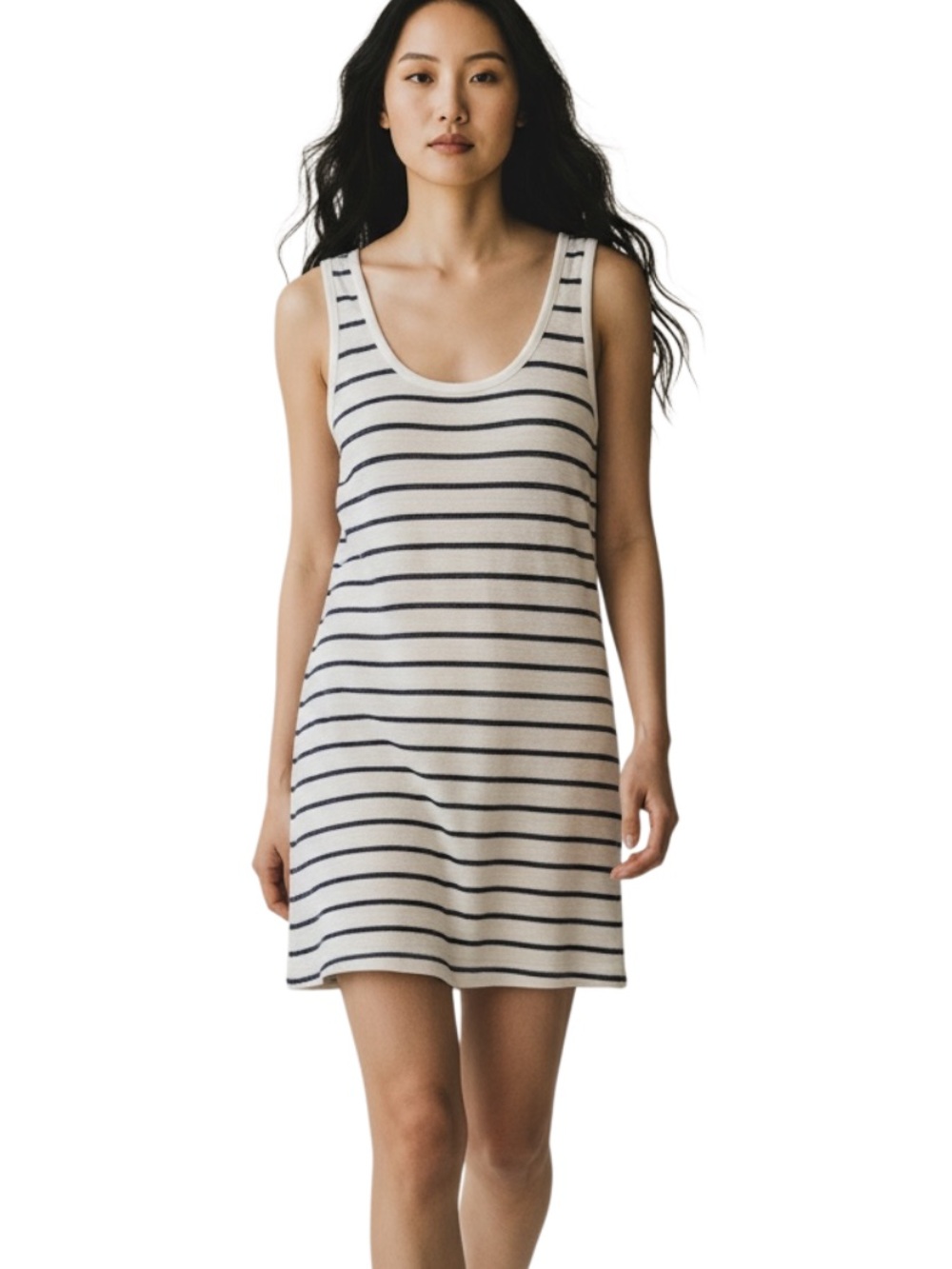 a new day Cream & Navy Striped Tank Midi Dress